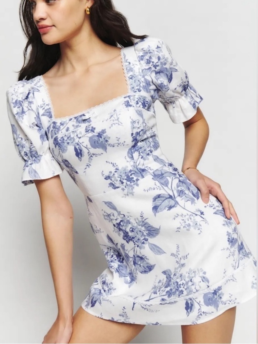 Reformation White Mini Dress with Blue Floral Toile